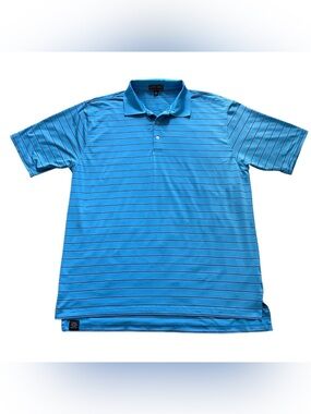 Peter Millar Summer Comfort Men’s Aqua Blue Polo w/ Navy & White Stripes XL
